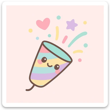 cute colorful party popper, cheerful, confetti bursting out, bright colors, simple background sticker
