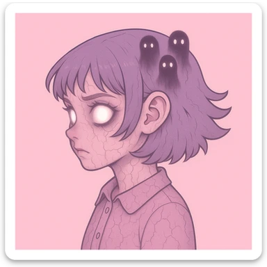 Add more horror details to this pastel horror profile picture, keep it cute, expressive, and minimal, in the style of imagen-4-fast (a detailed, high-quality, fast image generation style). Enhance the horror elements while maintaining the pastel color palette and minimalistic, cute expression. sticker
