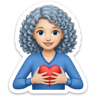 Silver, wavy/curly hair chin-length lady giving hug with 2 arms, blue v-neck and smiling, add a heart, not blue hair sticker