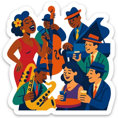 1940s jazz nightclub scene, vibrant toon style, energetic colors, no text sticker