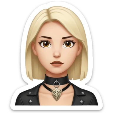 Leather choker with sigil around woman’s neck, pulse visible, dominance tone sticker