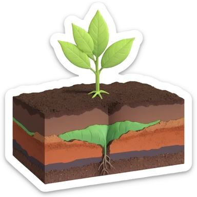 A fresh green leaf resting on the surface of a cross-section of the Earth, where soil and underground layers are visible beneath. Natural lighting, realistic textures. sticker
