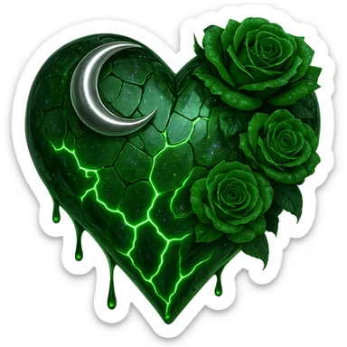 Edit the gothic heart to use fractured deep green glass, silver crescent moon, green roses, iridescent holographic stardust, neon lightning bolts, and a wet, shiny finish. Keep the background transparent. The style should maintain the gothic heart's original look with a transparent background. sticker