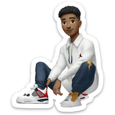 Jeune garçon clair de peau avec un taper des Jordan 4 un outfit américain des bijoux pour homme et u e sacoche Lacoste  sticker