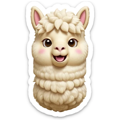 Cinematic Comical Cream Alpaca Portrait Emoji, Head tilted dramatically with an exaggeratedly amused expression, featuring a striking, fluffy cream fleece with playful texture, wide, expressive gentle eyes filled with playful disbelief, Simplified yet hilariously expressive features, highly detailed, glowing with a slightly sassy glow, high shine, dramatic yet playful, stylized with an air of cheeky mischief, bright and endearing, soft glowing outline, capturing the essence of a spirited and over-the-top alpaca, so meme-worthy it feels like it could side-eye its way into internet fame instantly! sticker