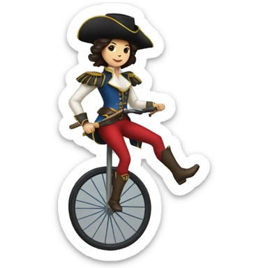 female musketeer riding a unicycle dark hair sticker