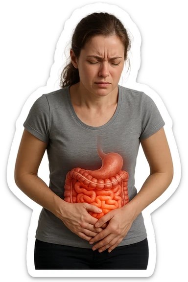 DONNA CON INTESTINO UMANO ANATOMICO IN EVIDENZA E MAL DI PANCIA, iperrealistico 4k, SFONDO BIANCO sticker