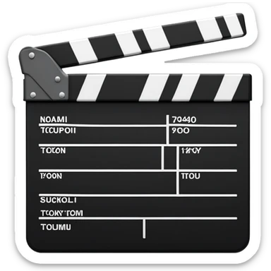Classic movie clapperboard with traditional black and white striped top part and black base, iOS emoji style sticker