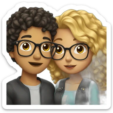 boy with curly blonde hair and glasses kissing girl with wavy black hair and glasses sticker