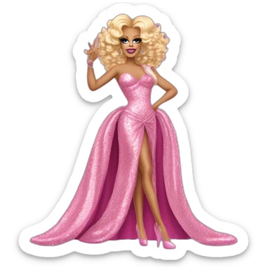 Drag queen Rupaul, curly blonde hair styled swept to the right. Full body, pink sequin dress, posed standing with left hand on hip, right hand raised in the air. Iconic, legendary sticker