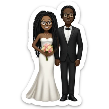 black couple with long black locs, dark skin woman with glasses full body wedding sticker