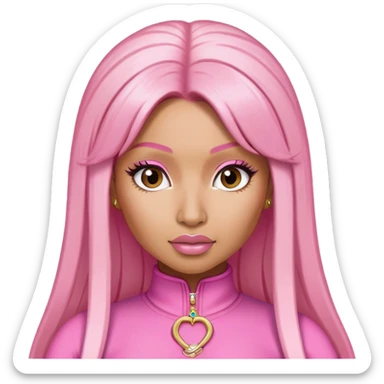 Nicki Minaj wearing a pink outfit with blonde and pink hair sticker