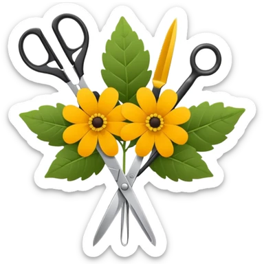 Minimalistic flat vector icon, iOS style, thin black contour on white background. Flower bouquet with leaves and scissors. No text, no shadows. sticker