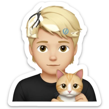sexy boy with blond kudrnatými hair and black t-shirt with cat  sticker