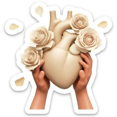 hands holding realistic light beige human heart with beige flowers sticker