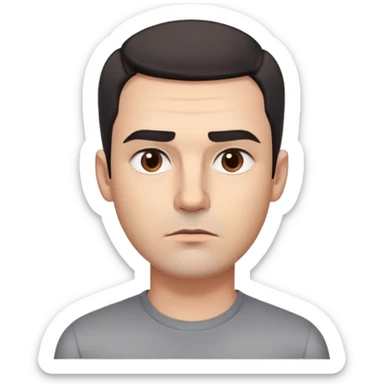 Professional man with square face, defined jawline, full cheeks, overtly skeptical expression, medium brown eyes with paranoid look, prominent eyebrows raised, wide nose, lips pressed together suspiciously, short dark hair, wearing a gray shirt sticker