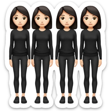 Cartoon emoji of a woman with long, loose dark hair, wearing simple black clothes. Full-height, standing nervously with hunched shoulders, head slightly down, arms close or crossed, legs together, eyes looking away. Smooth, simple, stylized. sticker
