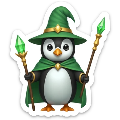 A penguin wizard with a green cape sticker
