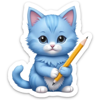 A cute blue kitten holding a pencil in its paw, writing something. The kitten has an adorable expression and is focused on the task. Minimalist, modern design with a playful and charming vibe. sticker
