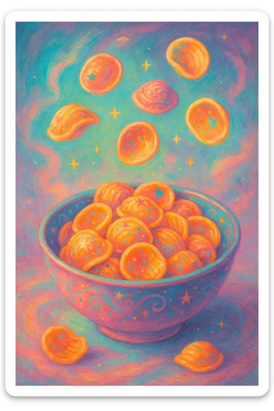 a surreal bowl of orecchiette pasta, dreamlike, floating shapes, unexpected colors, imaginative details sticker