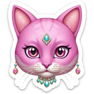 glamorous cat portrait, head and shoulders only, exaggerated pink makeup, bright eyeshadow, long eyelashes, shiny blush cheeks, sparkling face gems, glitter accents, elegant earrings, fantasy beauty style, cute 3D cartoon, mobile game icon style, clean background, no text, no watermark
 sticker