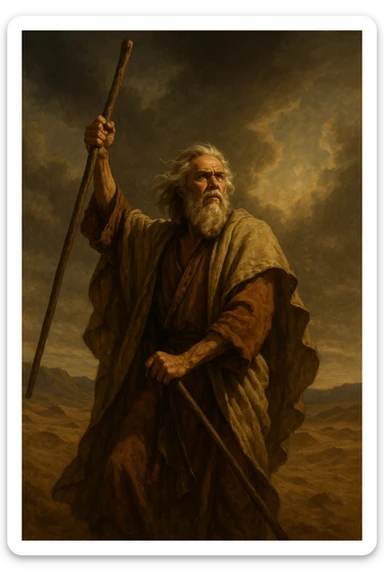 Moses standing with his rod, dramatic pose, ancient robes, desert background, iconic biblical scene sticker
