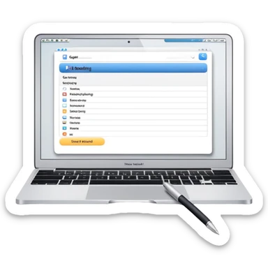 online booking system on MacBook screen next to old-style paper notebook with pen sticker