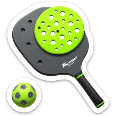 Modern Pickleball paddle, dark grey. Pickleball ball beside or on top the paddle florescent green at 45 degrees sticker