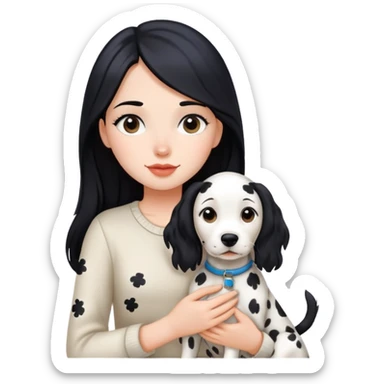 A girl with long black hair is holding a Dalmatian sticker