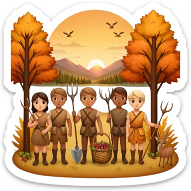 A simple, flat-style illustration of a small group of people with spears and baskets, gathering berries and hunting a deer, surrounded by trees and a sunset—emoji aesthetic, warm earth tones. sticker