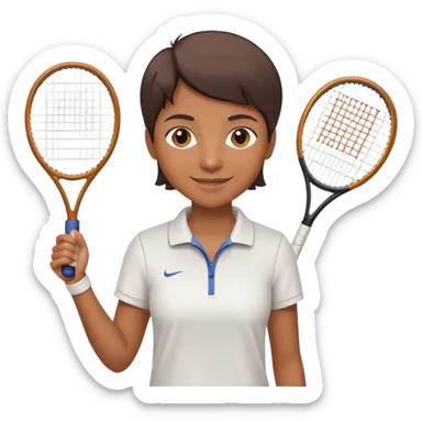 Chindian tennis coach, caramel brown skin, short straight hair, oval face, small eyes, smiling, holding a tennis racket sticker