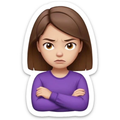 Angry Pouty girl with squinted eyes folding arms in a purple longsleeve shirt she has fair skin and brown hair sticker