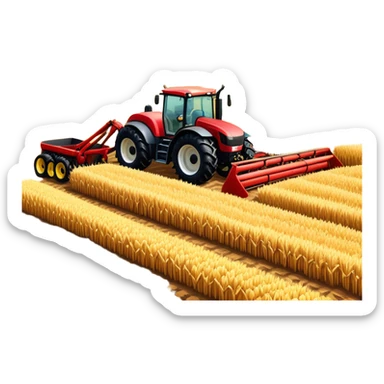 An icon representing a farming simulator, with a detailed tractor plowing fields under a bright sky with rural landscape. The design includes farming tools, crops and barns, symbolizing the immersive experience of managing a farm. Transparent background. sticker