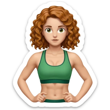 big biceps, muscled torso, very beautiful italian happy girl, looking like Emma Watson, with wavy curly bright hazelnut hair, dressed in green bra sports outfit, pulling up sticker