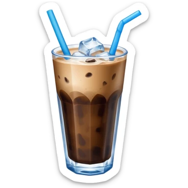 cold coffee emoji, clear glass with dark coffee, ice, and a blue straw sticker