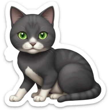beautiful female solid dark grey cat with green eyes, white toes/paws and white patch on her chest rolling over sticker