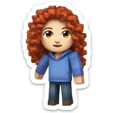 a white girl with long red curly hair, wearing periwinkle Minecraft hoodie playing a videogame sticker