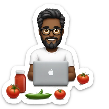 Designer with black hair, white skin, beard and glasses working with MacBook and tomato ketchup sticker