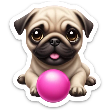Hyper Realistic Happy Baby pug with pink eyes playing with a pink ball sticker