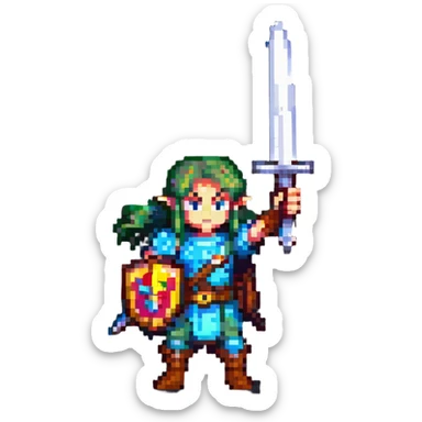 Link from The Legend of Zelda, pixel art style, holding a sword up, classic pose sticker