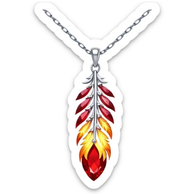 ruby pendant shaped like a phoenix feather, glowing with fiery energy, silver chain undulating magically sticker