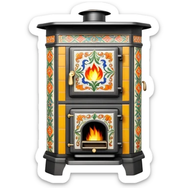 Ornamental European coal stove from the 1900s with ceramic tile decorations, tall design with metal door and coal burning inside sticker