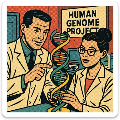 A male and female scientists carrying out medical research in a modern science lab.  A sign on the door in the background reads 'Human Genome Project' and the two scientists are studying the structure of DNA. There are computers from the 1990s in the background. sticker