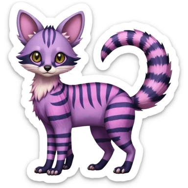 Indigo, purple, violet, pink, Civet-Genet-Possum-Serval-Caracal-Sergal-Trico-Numbat-Furret-fusion-Fakemon-hybrid-creature (full body) with long tufted ears and a striped tufted tail  sticker