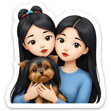 A beautiful Asian girl with long black kissing her yorkshire terrier sticker