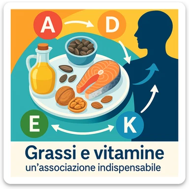 modern infographic with plate containing good fats oil, seeds, fish, nuts and icons of vitamins A, D, E, K being absorbed, arrows showing process, Italian caption 'Grassi e vitamine: un’associazione indispensabile', colorful background sticker