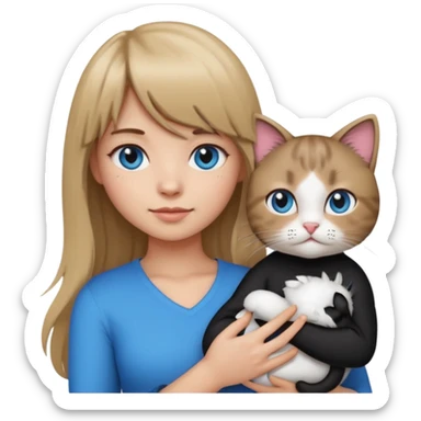 Apple-style emoji sticker of a young woman with long dark blond hair and bangs, blue eyes , holding a spotting black-and-white kitty on her chest.  sticker
