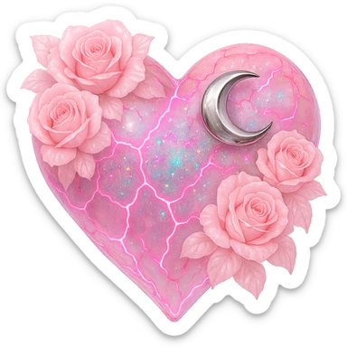 Edit the gothic heart to have cracked light pink glass, a silver crescent moon, light pink roses, shimmering holographic stardust, neon lightning accents, and a glossy wet appearance. Keep the background transparent. sticker