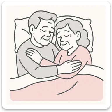 Make the couple look older with visible signs of age such as gray hair and gentle wrinkles, keeping the soft, peaceful, and cozy bed illustration style with warm and comforting colors. sticker