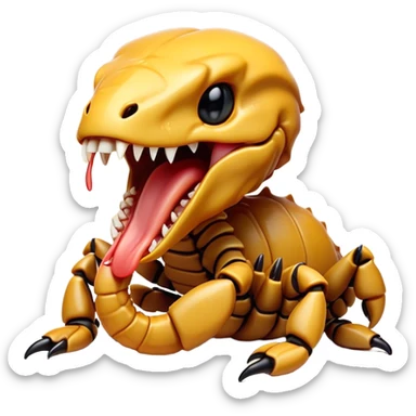 Cinematic Cute Yawning Emperor Scorpion Portrait Emoji, Head tilted slightly with a dramatic, wide-open yawn, showcasing a soft, textured exoskeleton with subtly drooping pincers and half-closed eyes in drowsy contentment, Simplified yet irresistibly adorable features, highly detailed, glowing with a soft, cozy glow, high shine, relaxed yet expressive, stylized with a dash of desert charm, soft glowing outline, capturing the essence of a sleepy yet affectionate scorpion that seems ready to stretch out for a nap! sticker